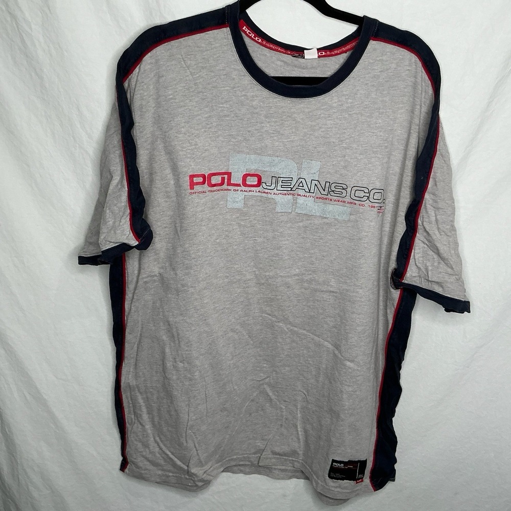 VTG Polo Jeans Co Ralph Lauren T-Shirt Sz XL Gray Flag RL Y2K 90s Preppy Street